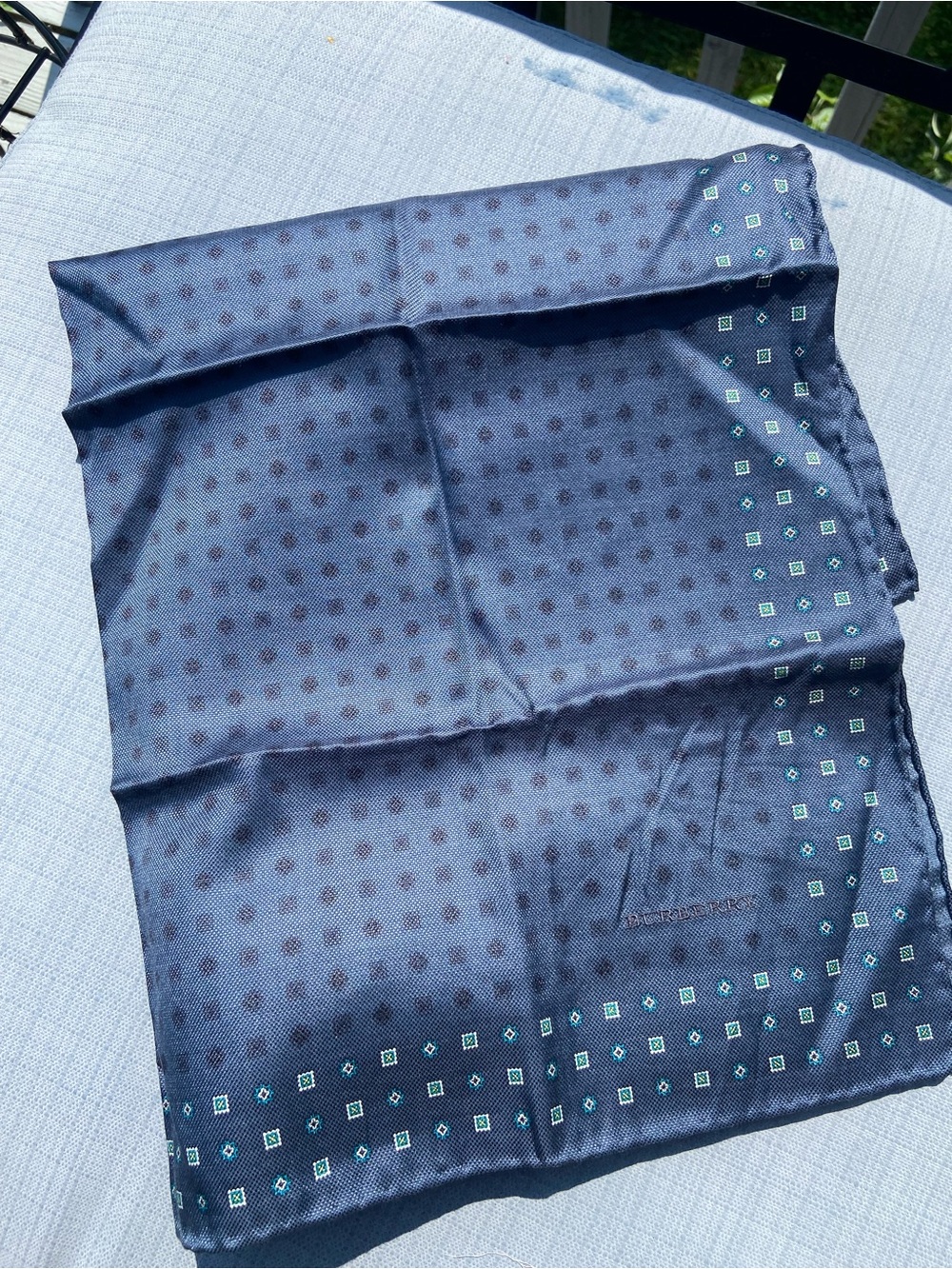 Silk Navy Pocket Square with Teal Geometric Border